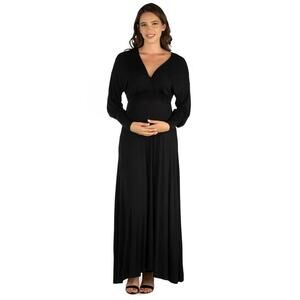 24seven Comfort Apparel Maternity Maxi Dress Womens 1X V-Neck Long Sleeve Black